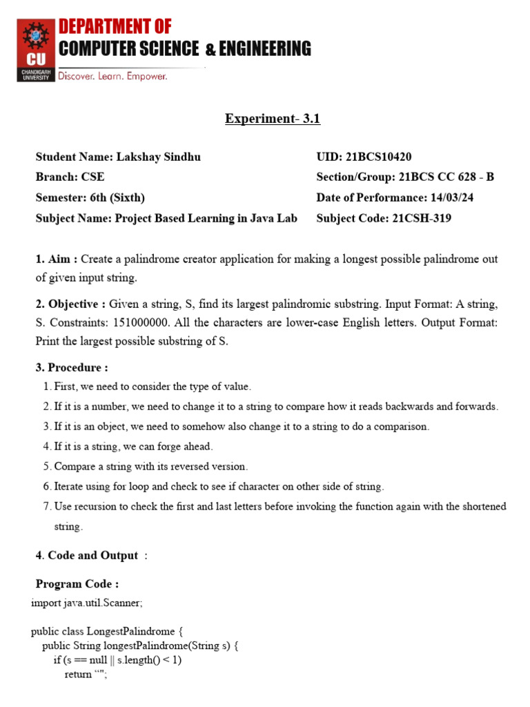 Longest Palindrome Finder in Java | PDF | String (Computer Science ...
