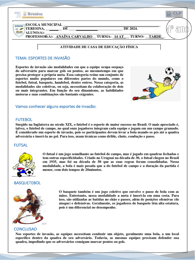 Esportes de Invasão: Definição e Exemplos | PDF | Futebol | Esportes