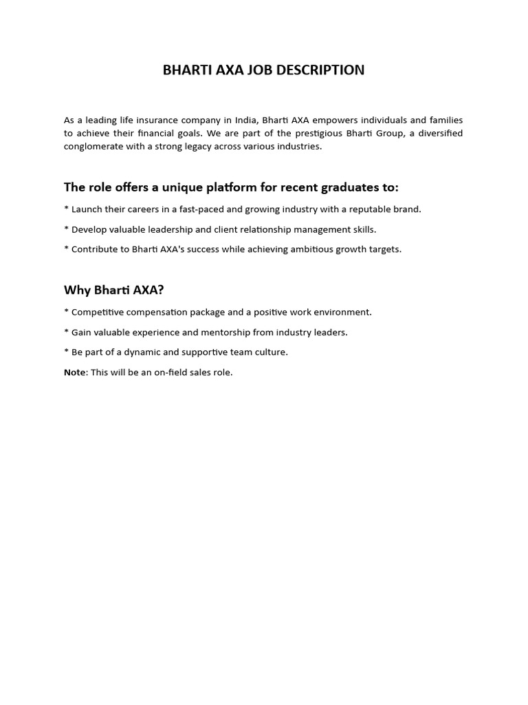 Bharti Axa Job Description | PDF | Career & Growth | Finance & Money ...