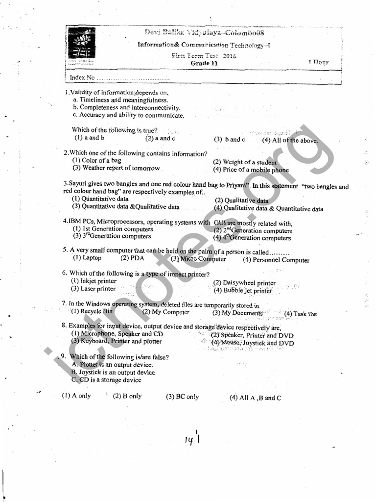 Grade 11 ict 1st term test paper 2016 english medium devi balika
