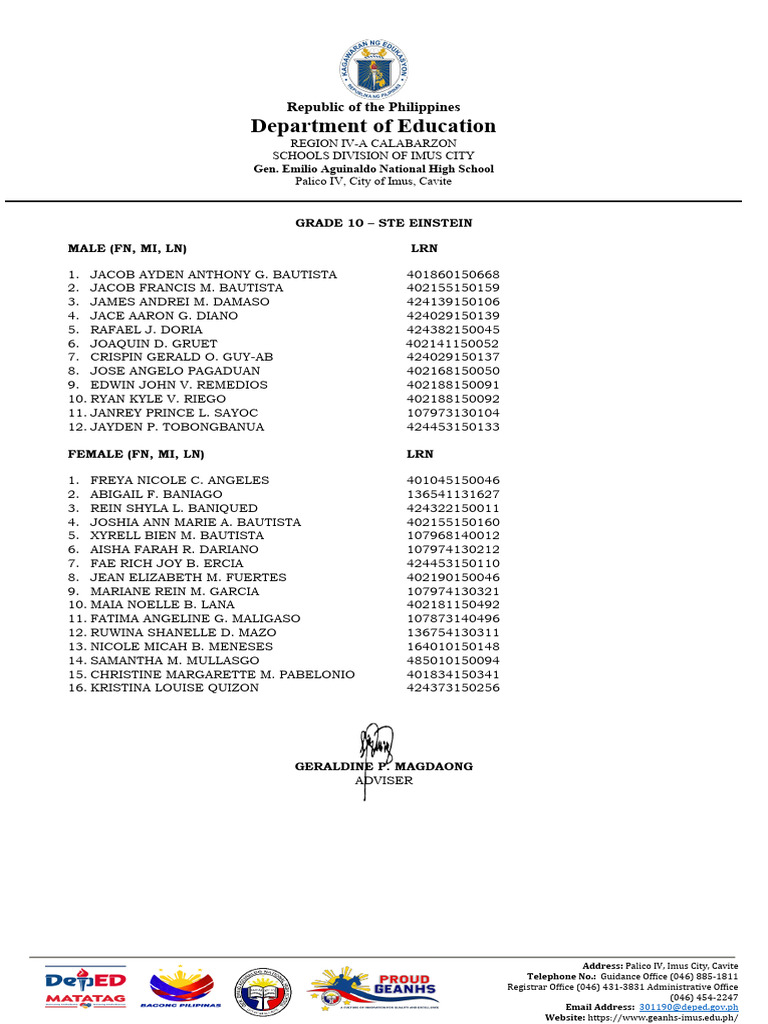 Grade 10 Student List - Gen. Emilio Aguinaldo HS | PDF