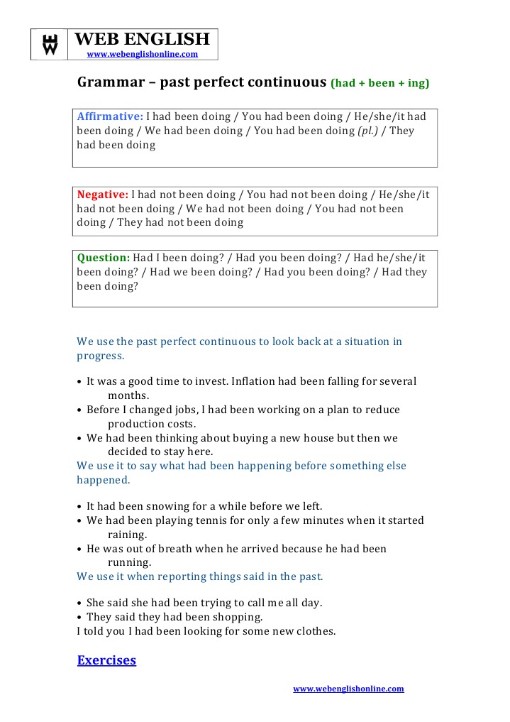 Past Perfect Continuous Exercises