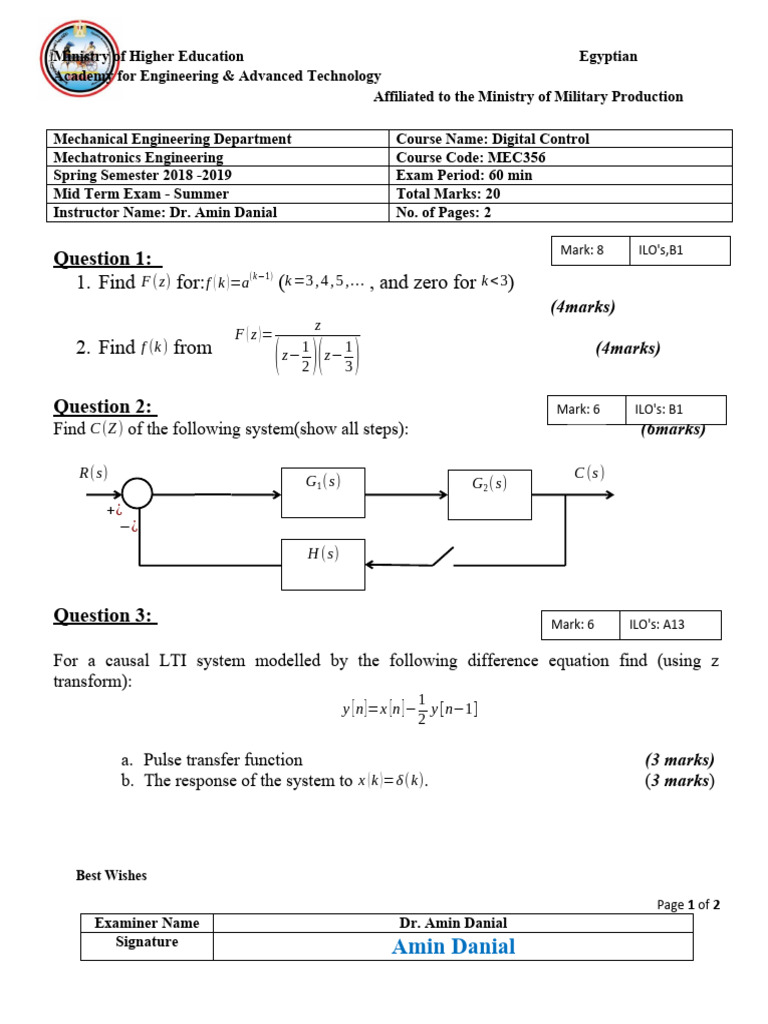 Digital Control Midterm Exam MEC356 | PDF | Engineering