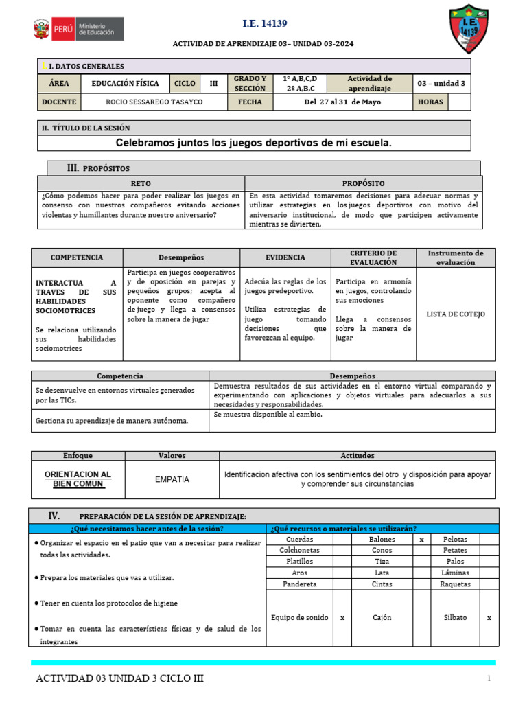 Sesión 3 Unidad 3 Tercer Ciclo | PDF | Evaluación | Aprendizaje