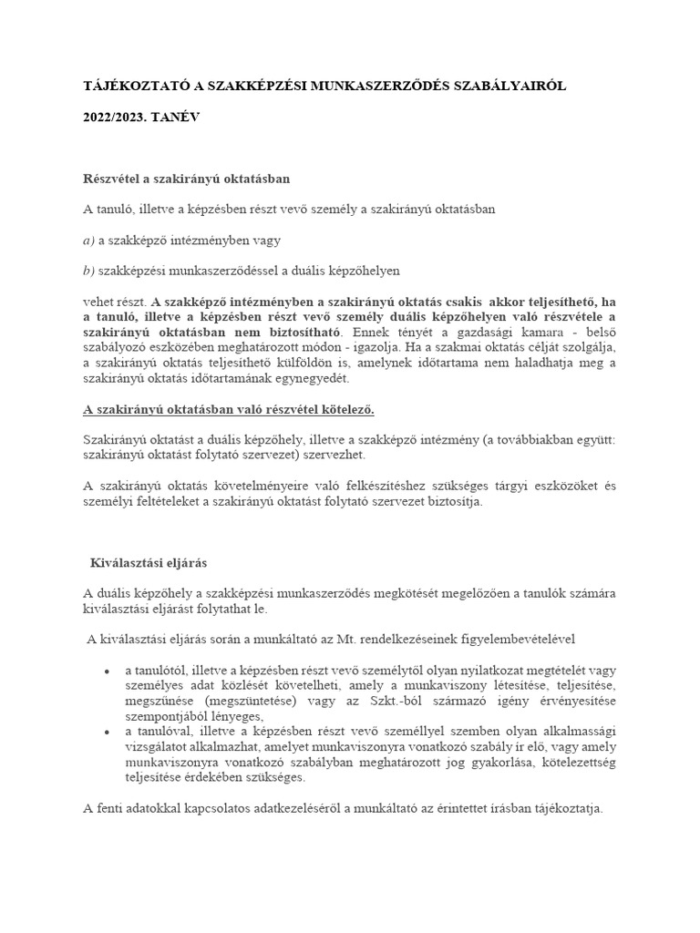 Tajekoztato A Szakkepzesi Munkaszerzodes Szabalyairol 8897a1e83f | PDF