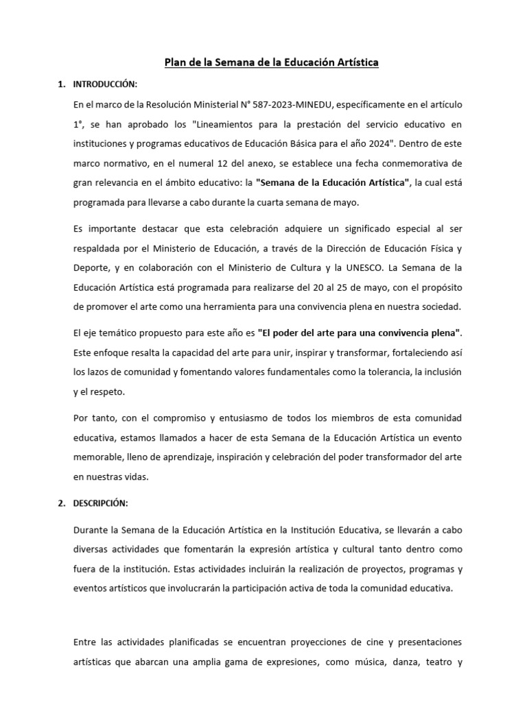 Plan de la Semana de Educación Artística 2024 | PDF | Educación en ...