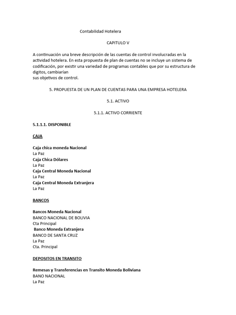 Plan de Cuentas para Hoteles | PDF | Bancos | Dinero