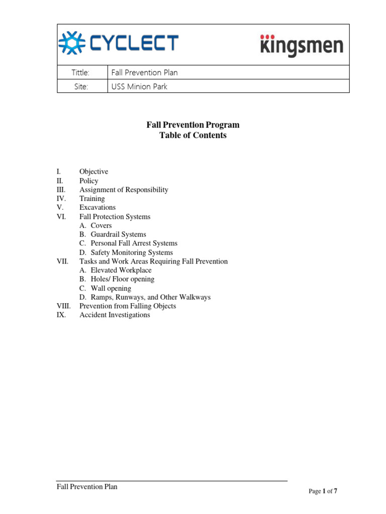 Fall Prevention Plan for USS Minion Park | PDF | Occupational Safety ...
