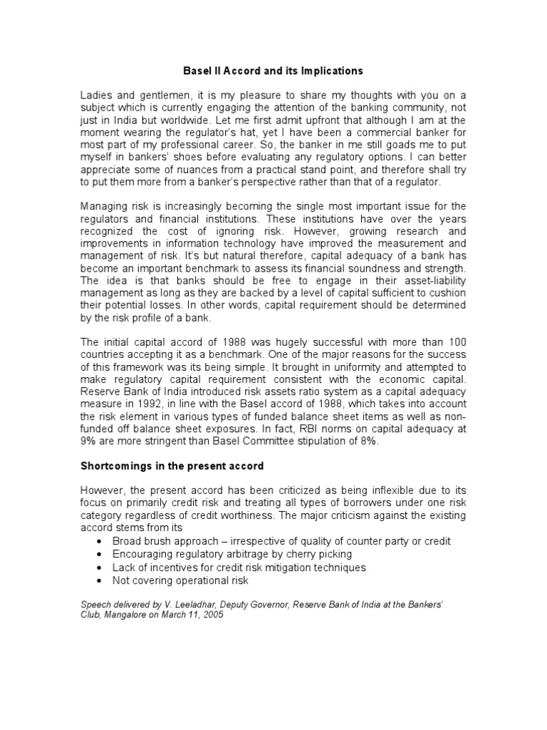 Basel II Accord and Its Implications PDF Basel Ii Capital Requirement