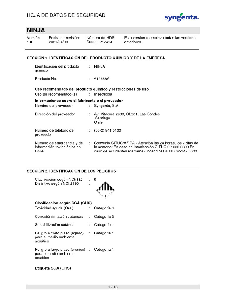 Hoja de Datos de Seguridad: Insecticida NINJA | PDF | Solubilidad | Agua