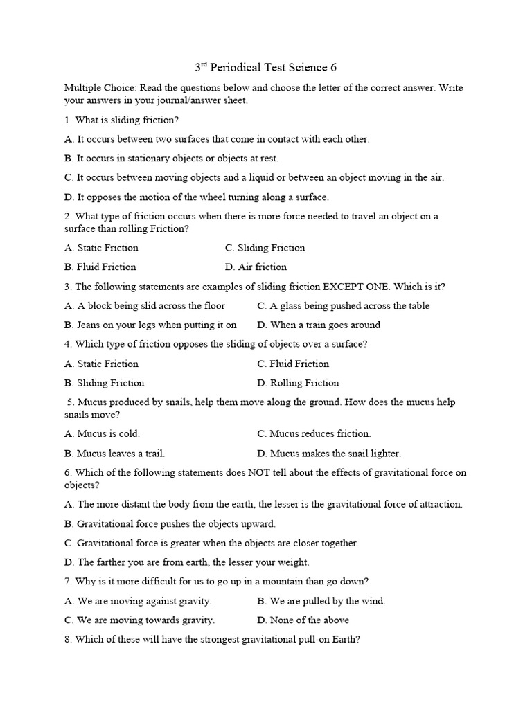 3rd Periodical Test Science 6 | PDF | Friction | Potential Energy