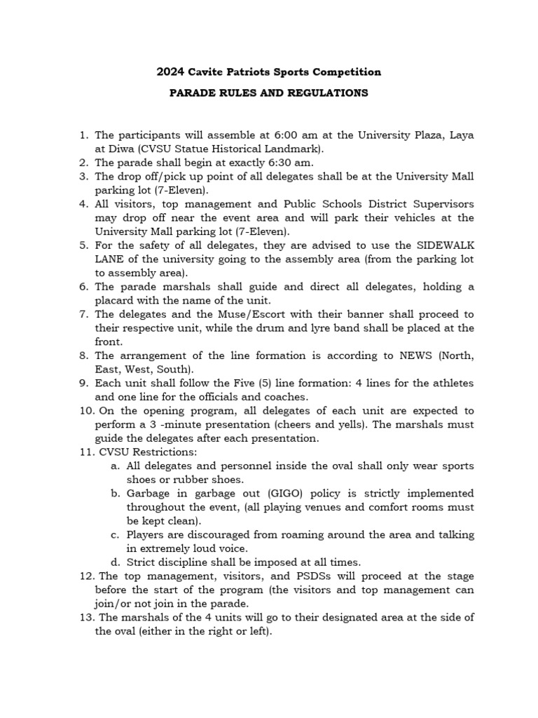 Cavite Patriots Parade Rules and Regulations | PDF | Travel | Science ...