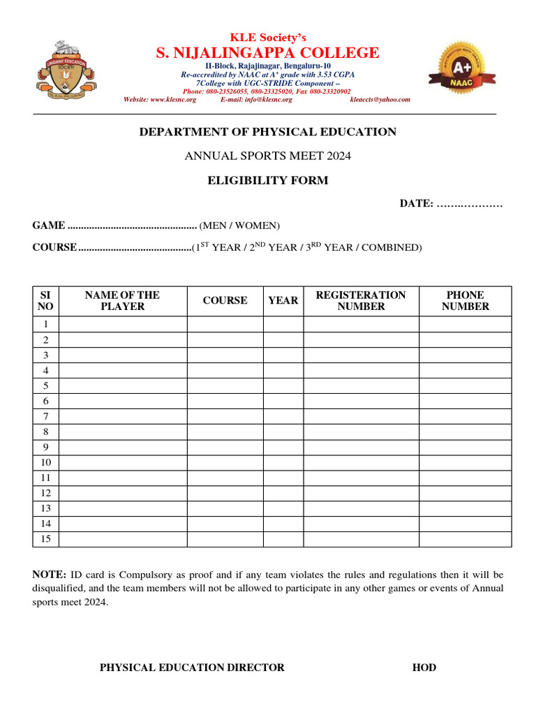 Annual Sports Meet 2024 Eligibility Form | PDF