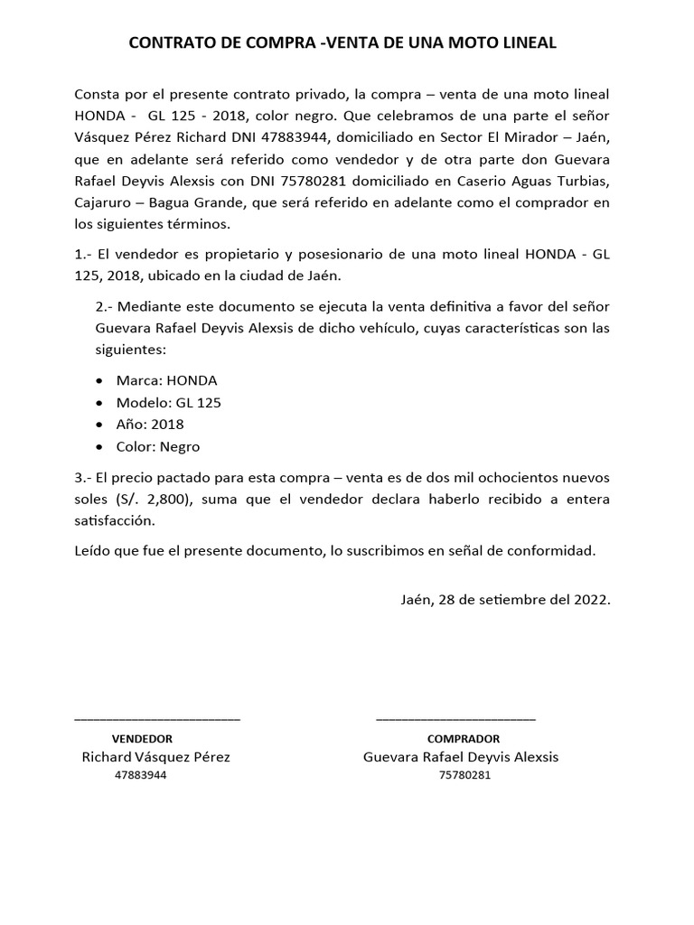 CONTRATO DE COMPRA Moto | PDF | Negocios | Finanzas y dinero