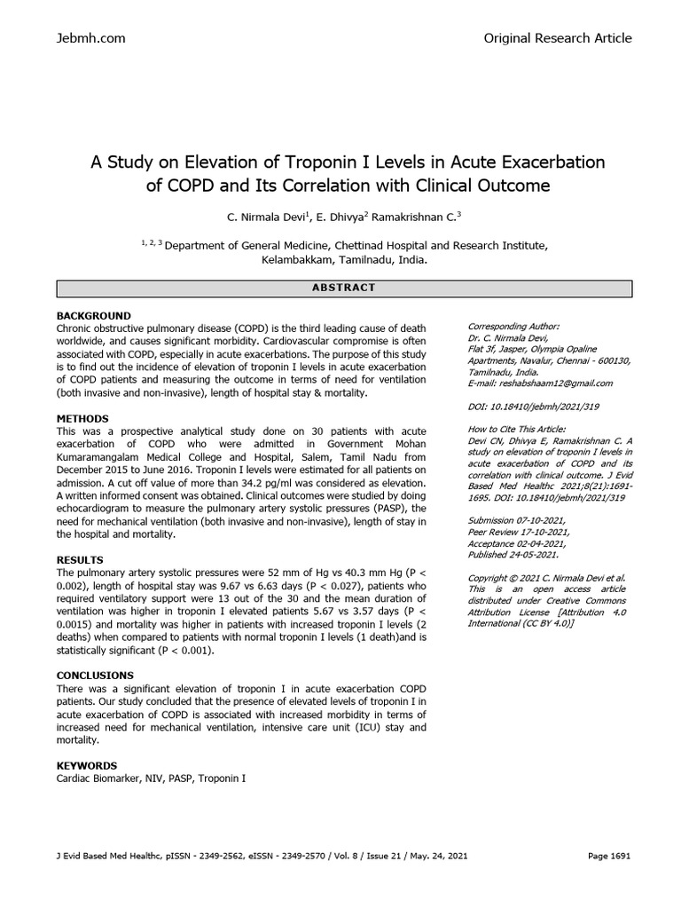 A Study On Elevation of Troponin I Levels in Acute Exacerbationof Copd ...
