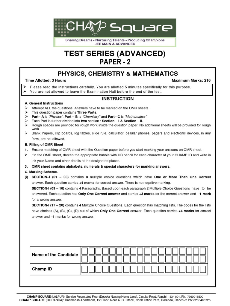Champ Square Advanced Test Paper 2 | PDF | Waves | Gases