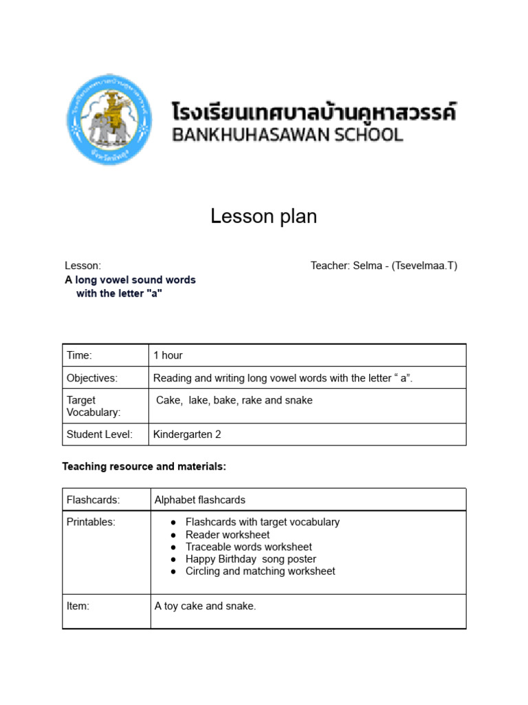 Long Vowel 'A' Lesson Plan for K2 | PDF | Flashcard | Learning Methods