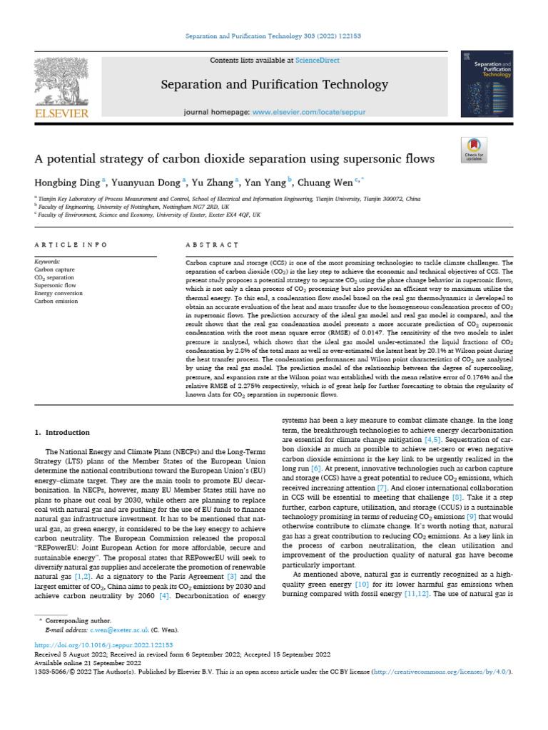 A Potential Strategy of Carbon Dioxide Separation Using Supersonic ...