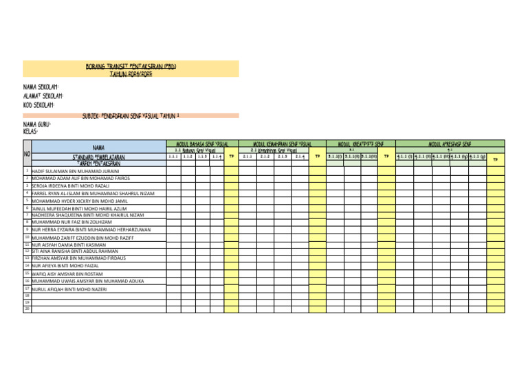 REKOD TRANSIT PSV THN 1A (Modul Bahasa Seni) | PDF