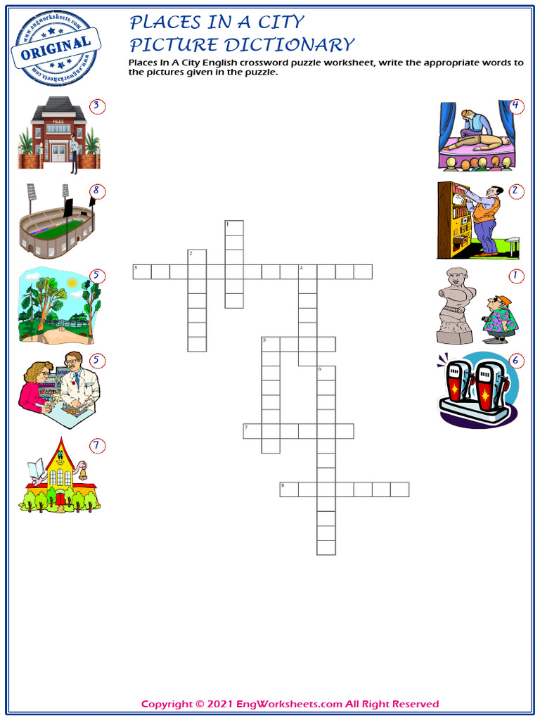 Places in A City English Crossword Puzzle Worksheet Write The Appropriate Words To The Pictures