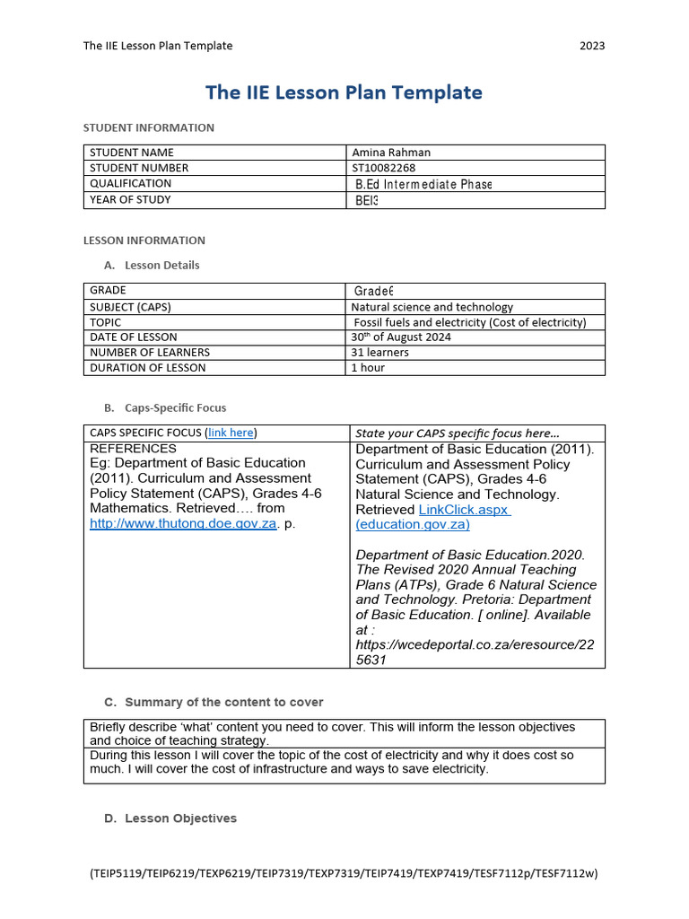 NST Lesson Plan 1 On Cost of Electricity | PDF | Lesson Plan | Learning