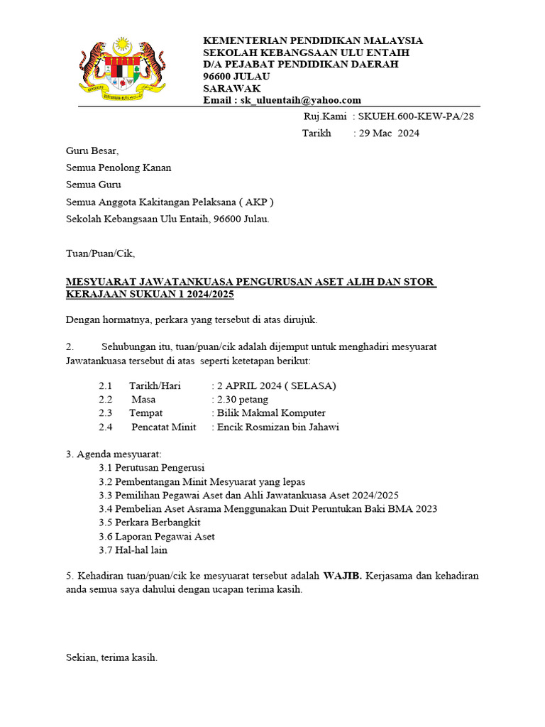 Surat Panggilan Mesyuarat JKPAK | PDF