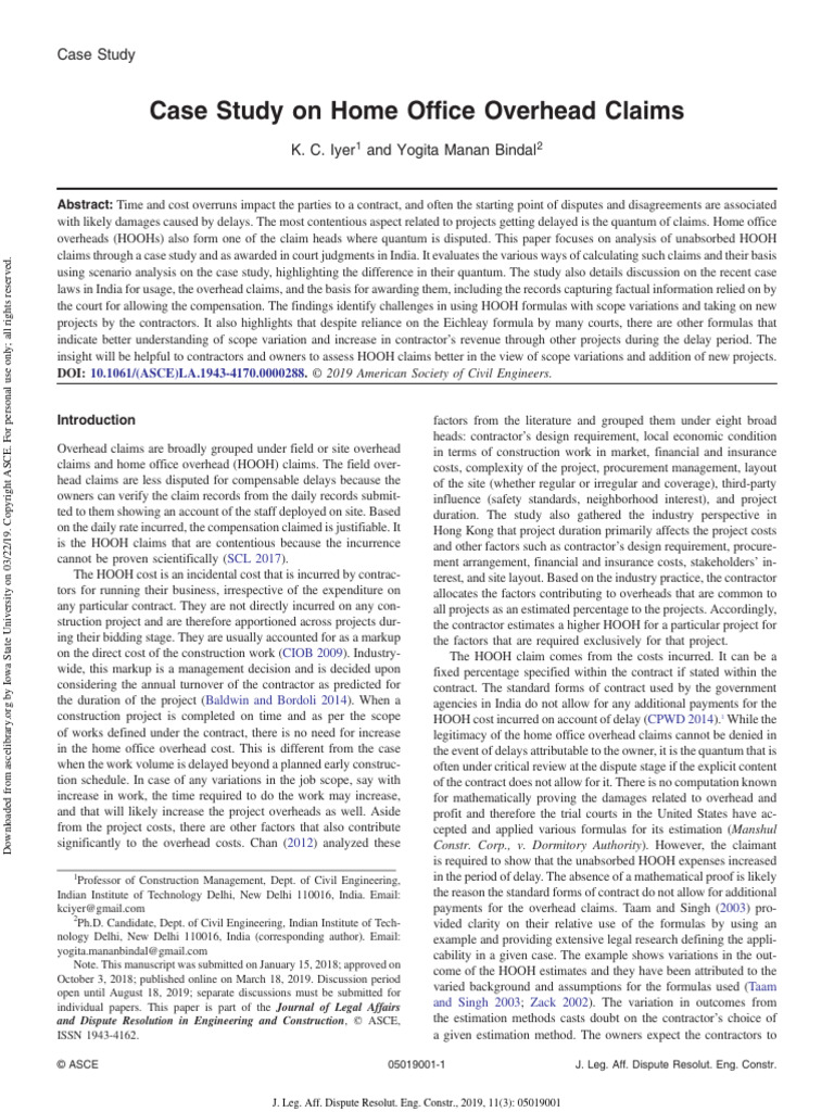 Case Study on Home Office Overhead Claims PDF Cost Damages