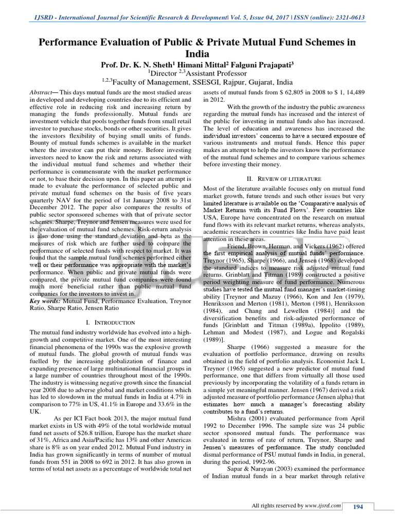 Performance Evaluation of Public & Private Mutual Fund Schemes in India ...