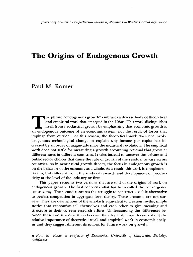 Romer 2011 The Origins Of Endogenous Growth Download Free Pdf