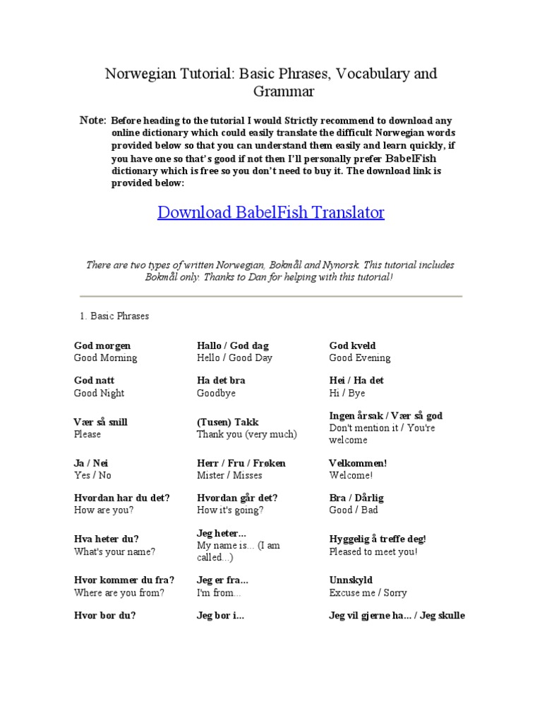 Download Babelfish Translator Norwegian Tutorial Basic Phrases