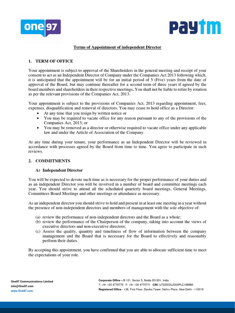 Independent Director Appointment Terms | PDF | Fiduciary | Business