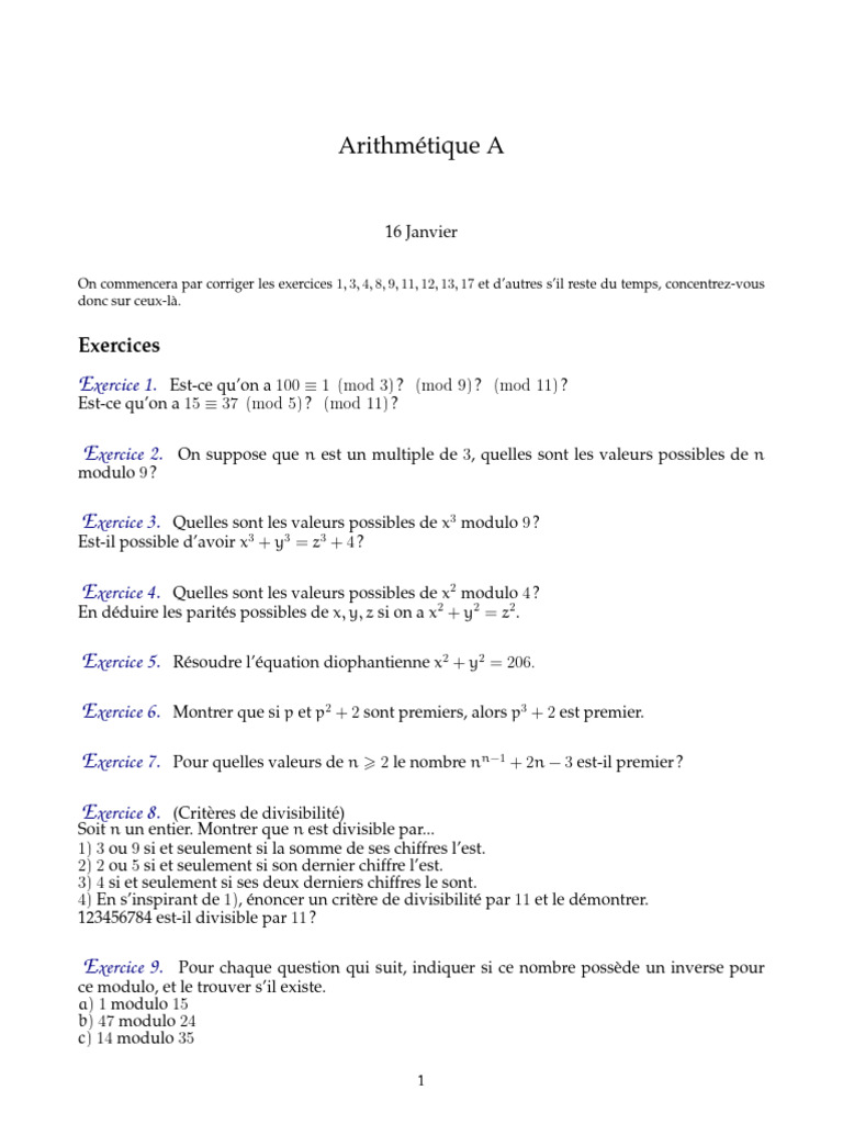 Exercices d'Arithmétique Modulaire | PDF | Arithmétique | Mathématiques ...