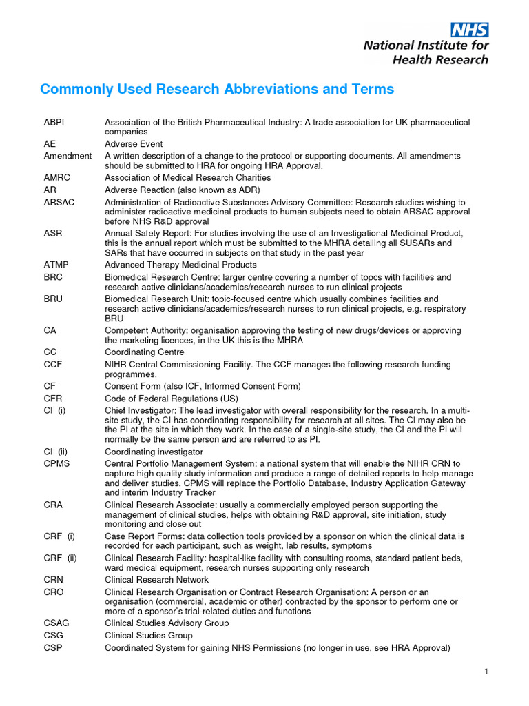 Commonly Used Research Abbreviations and Terms | PDF | Clinical Trial ...