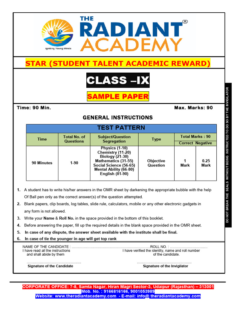 9 Class Star Sample Paper With Answer Key | PDF | Numbers | Epithelium