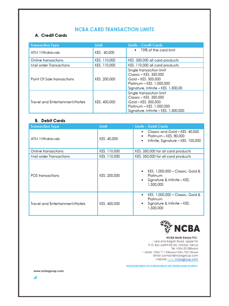 NCBA Card Transaction Limits PDF Debit Card Credit Card