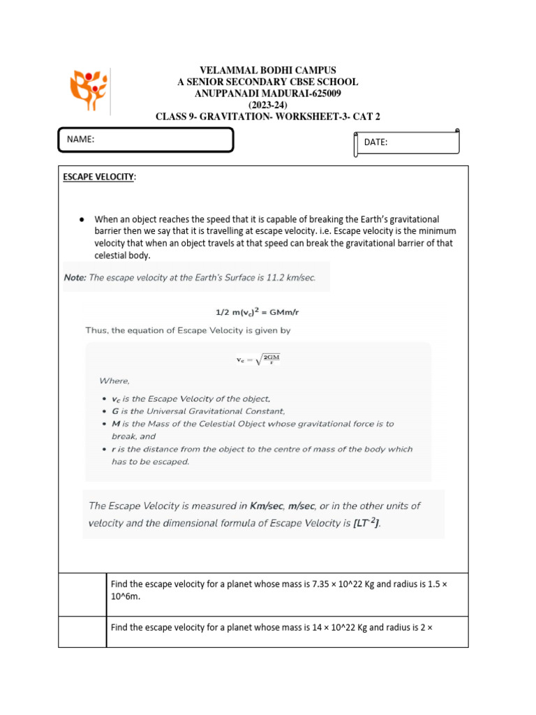 Class 9 - Gravitation Worksheet 3 | PDF