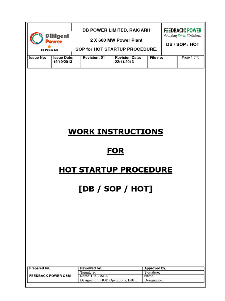 10002189 SOP for HOT STARTUP rechecked PDF Boiler Steam