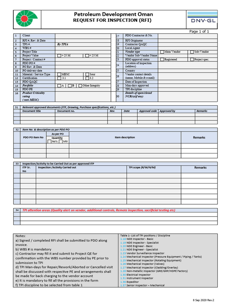 PDO Request for Inspection Form | PDF | Fuel Production | Petroleum