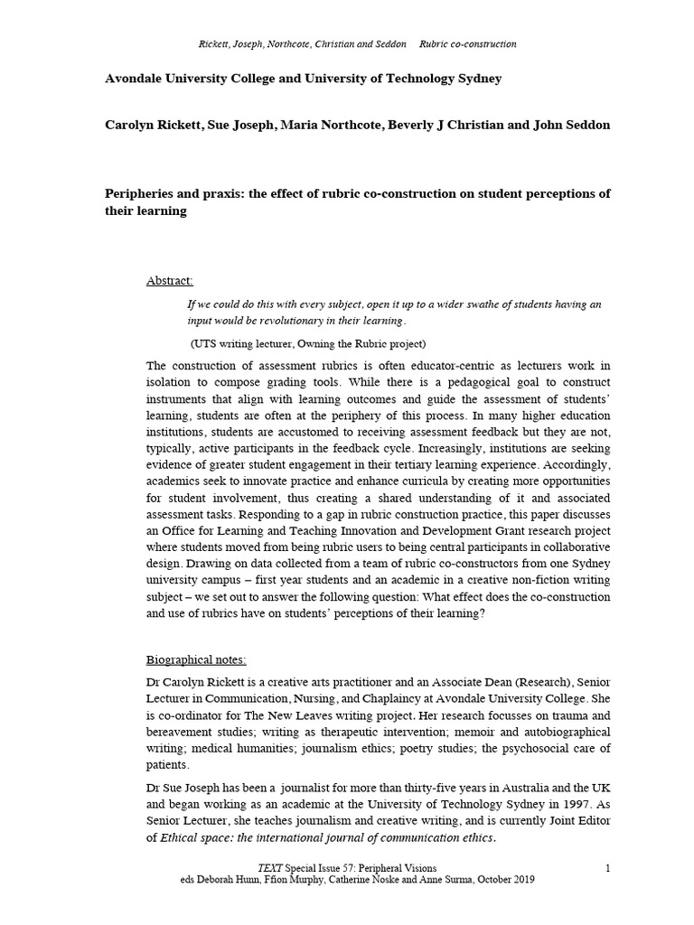 Peripheries and praxis the effect of rubric co construction on student