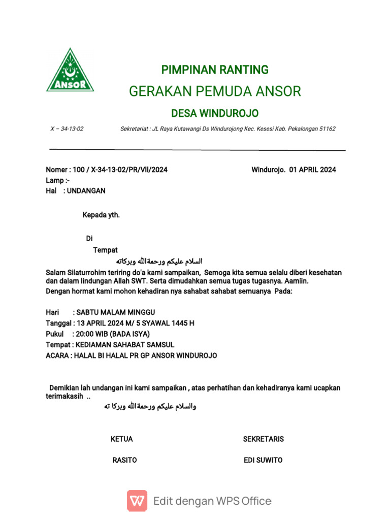Undangan Halal Bi Halal GP Ansor Windurojo | PDF
