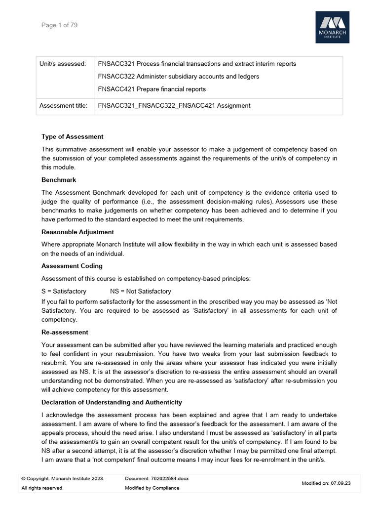 FNSACC321 - 322 - 421 Assignment Student Copy v2.2 | PDF | Debits And ...