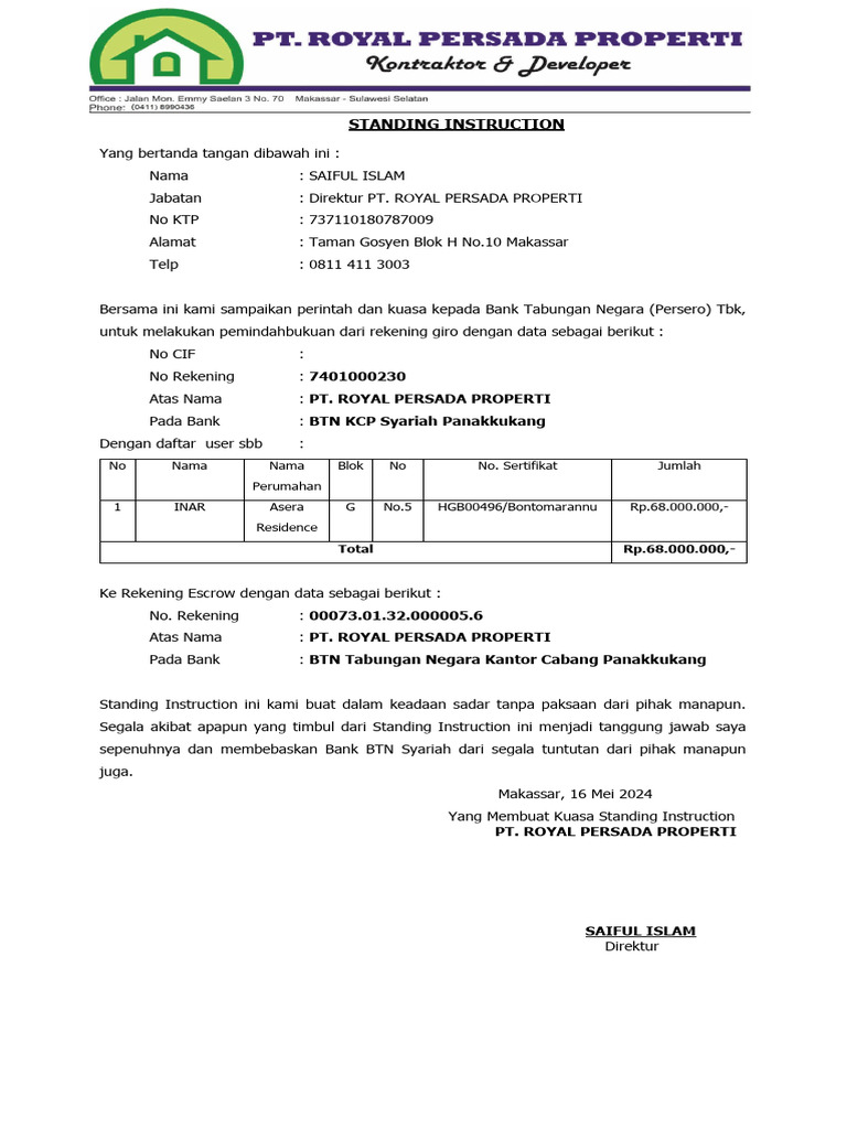 Contoh Surat Standing Instruction BTN | PDF