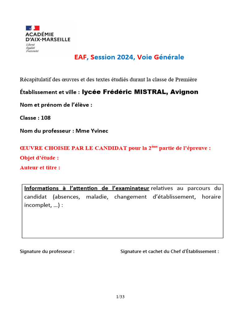 EAF 2024 : Œuvres et Textes Étudiés | PDF | Jason