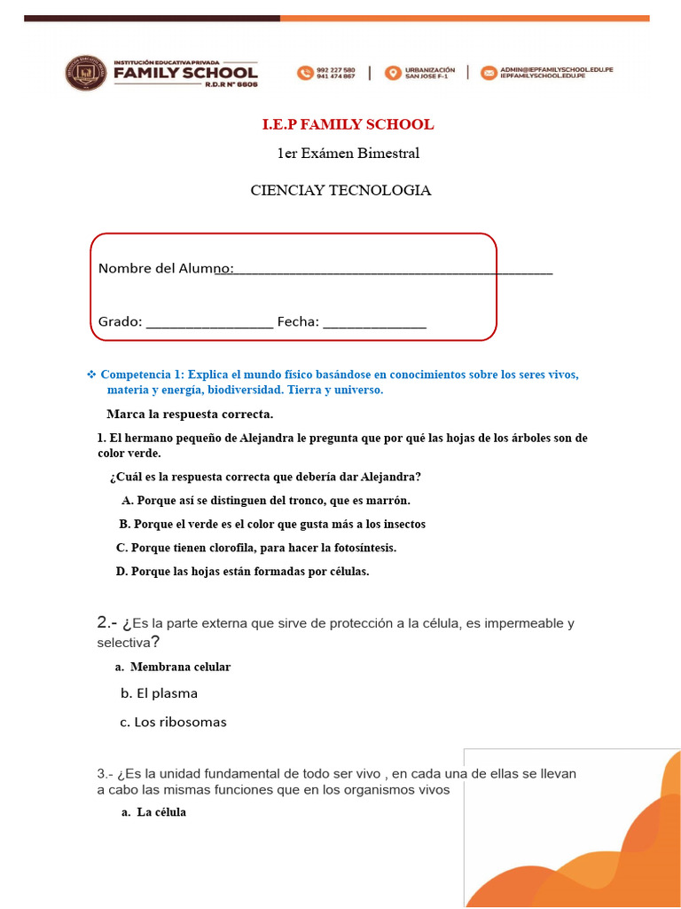 Examen Bimestral de Ciencia y Tecnologia Quinto Grado | PDF | Biología ...