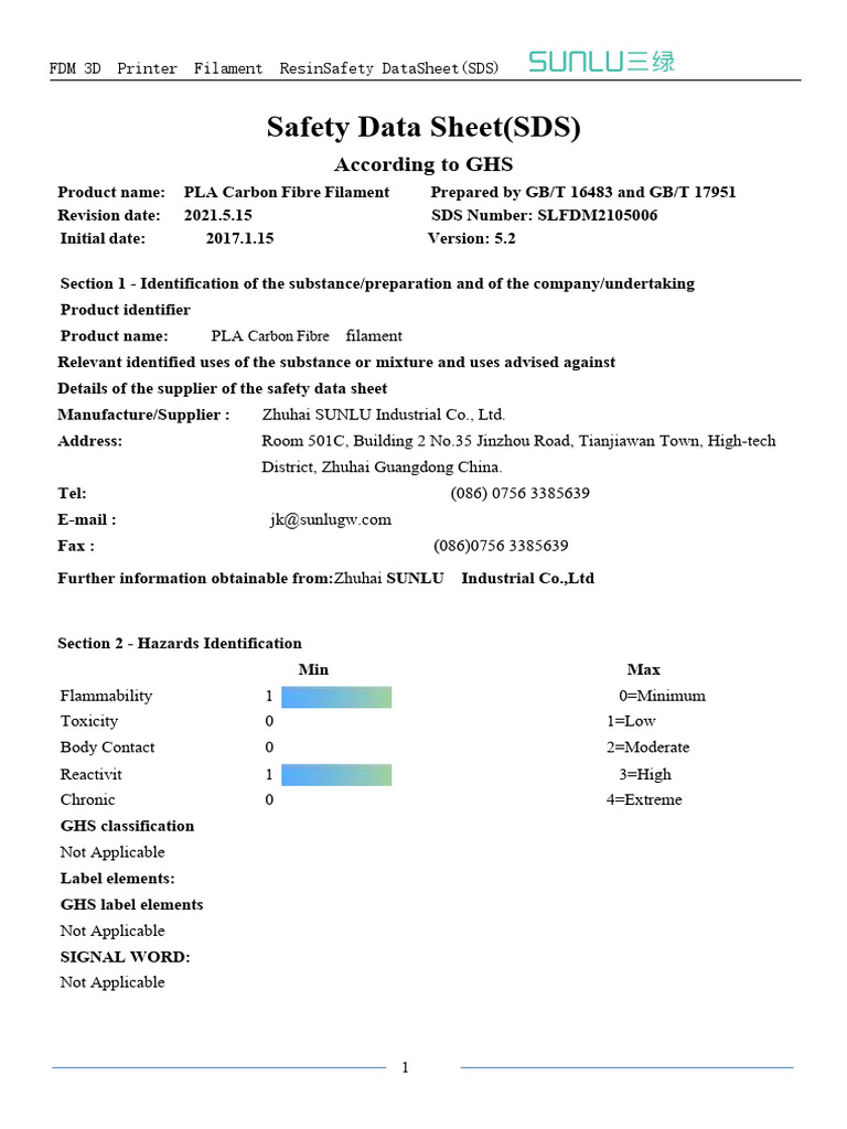 06 SUNLU PLA Carbon Fibre Filament-SDS | Download Free PDF | Materials ...