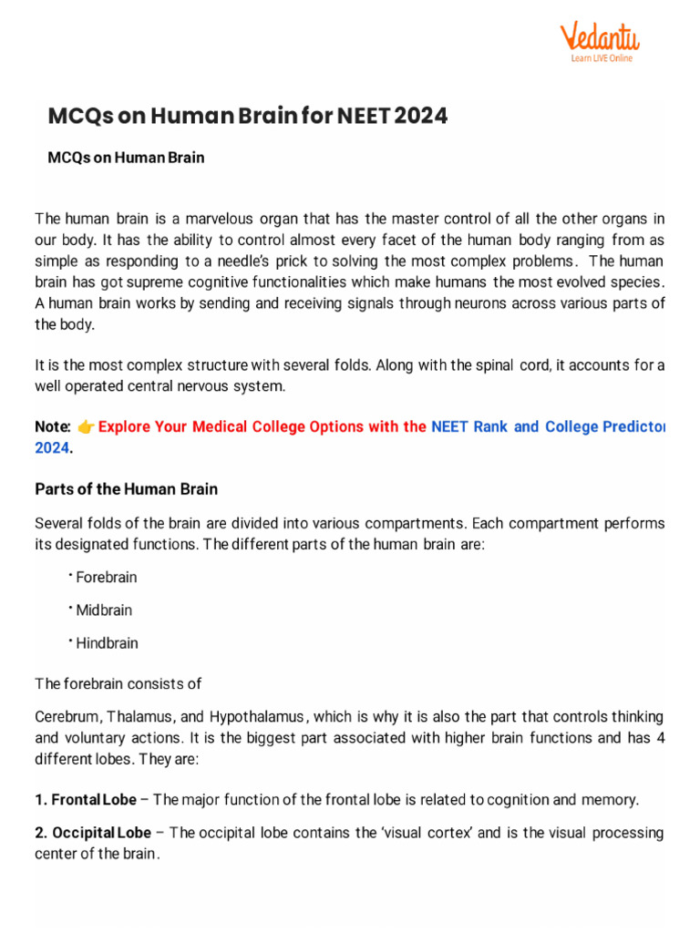 MCQs On Human Brain For NEET 2024 | PDF
