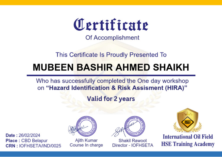 HIRA Certificate of Completion | PDF
