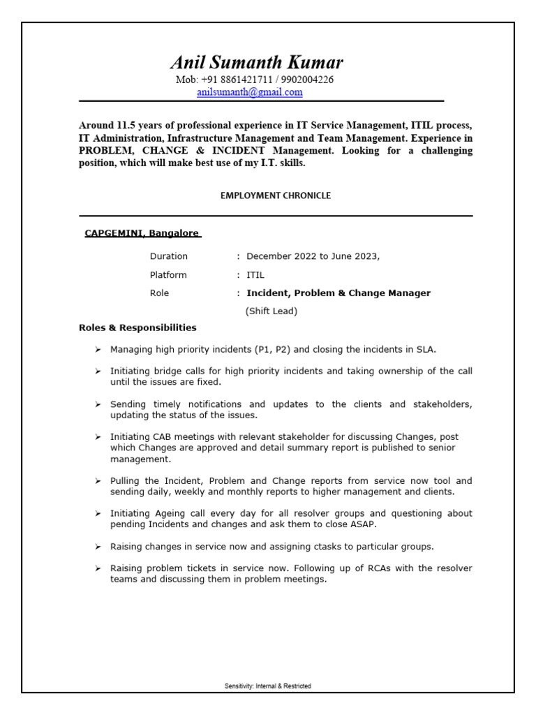 ITIL Incident & Change Manager Resume | PDF | Windows 7 | Windows Xp