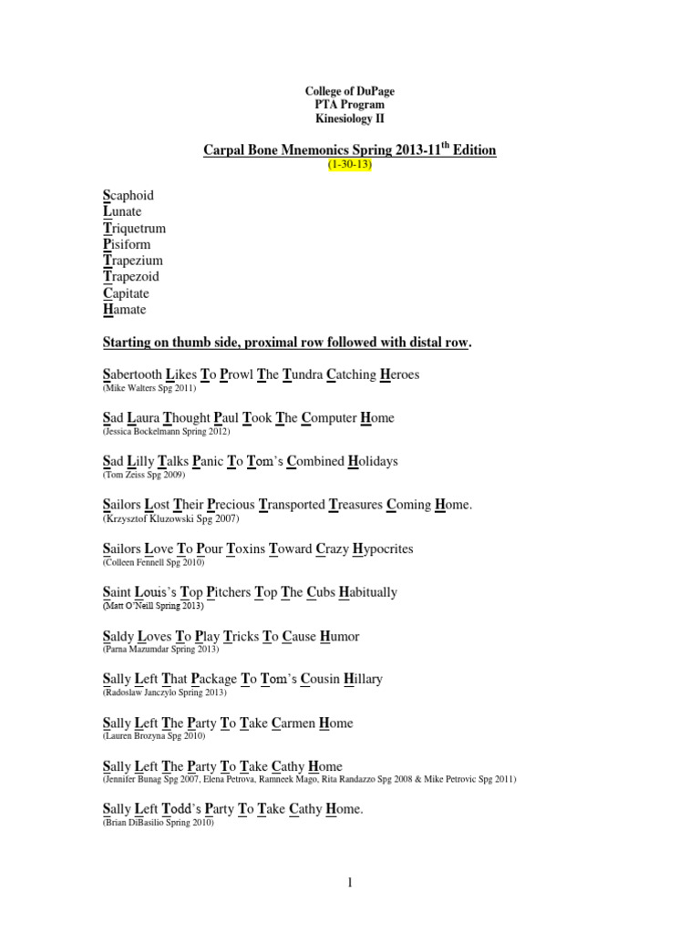 Carpal bone mnemonics spring 2013 11th edition pdf