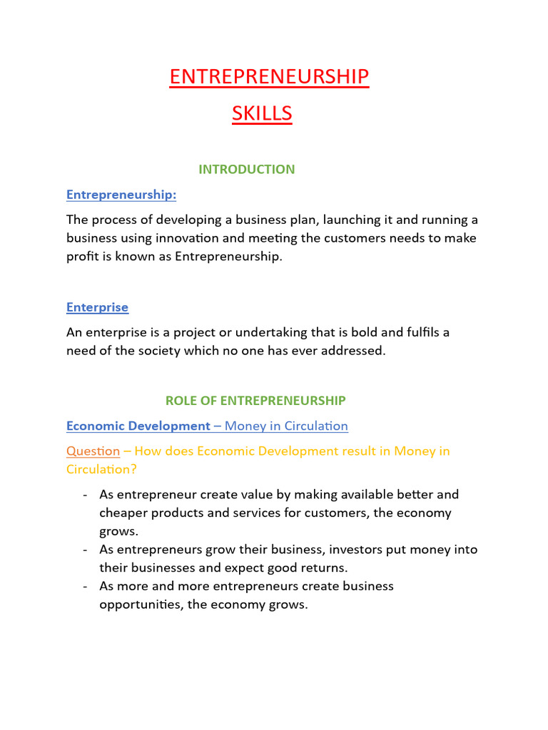 Entrepreneurship Skills Pdf Entrepreneurship Employment